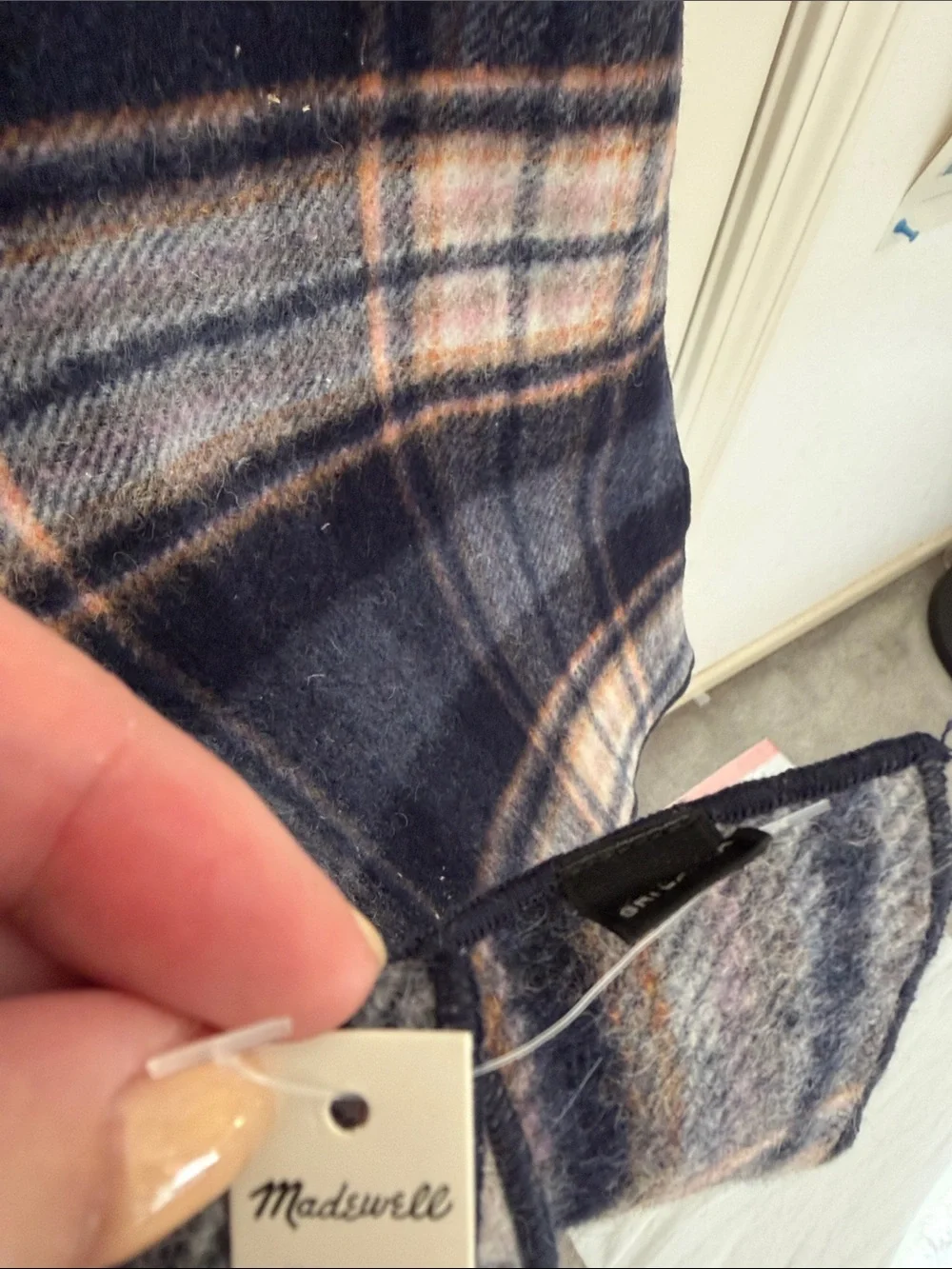 Madewell Navy Plaid Scarf with Pink and Cream Stripes